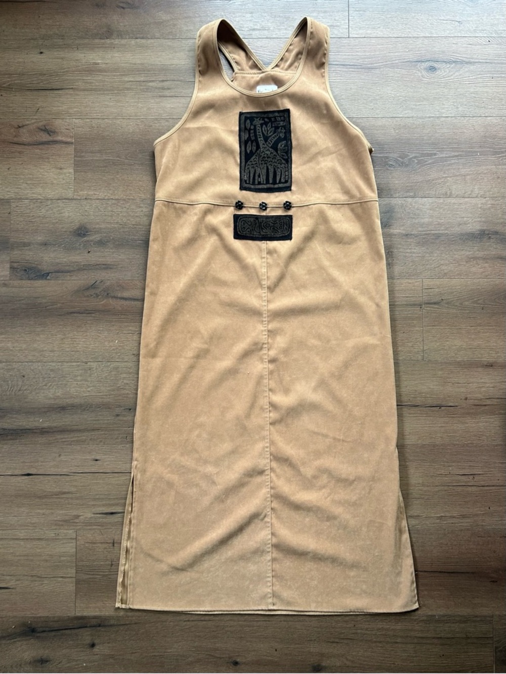 VINTAGE 1990’s Nina Piccalino Camel Maxi Dress with Black Embroidered Accents